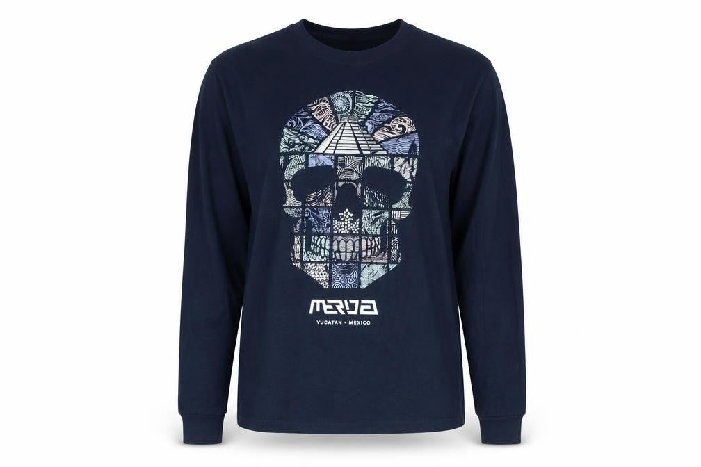 Front view of Conscious Apparel women’s blue cotton pullover sweatshirt, size M, pullover - scull, mexico