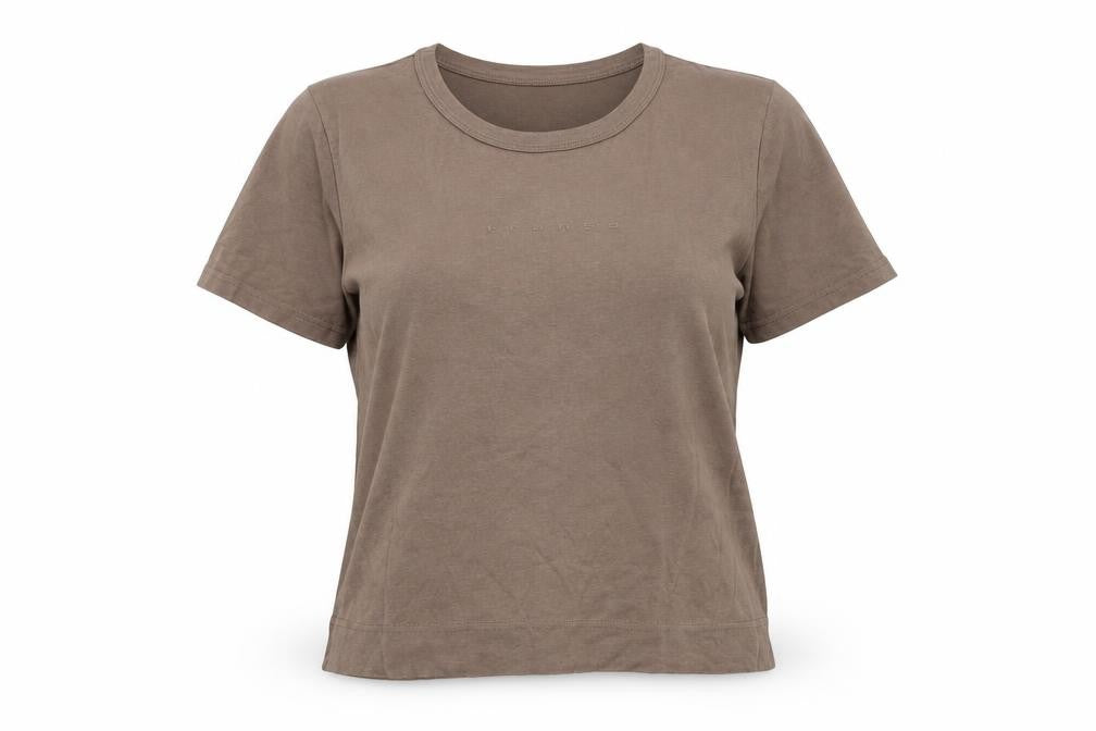 Front view of Fransa women’s brown cotton basic t-shirt, size XL, round neck - logo
