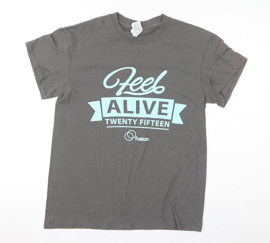 Front view of Gildan women’s grey cotton basic t-shirt, size S, round neck - feel alive