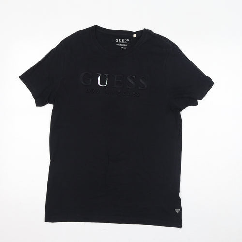 GUESS Womens Black Polyester Basic T-Shirt Size M Round Neck - Logo Embossed