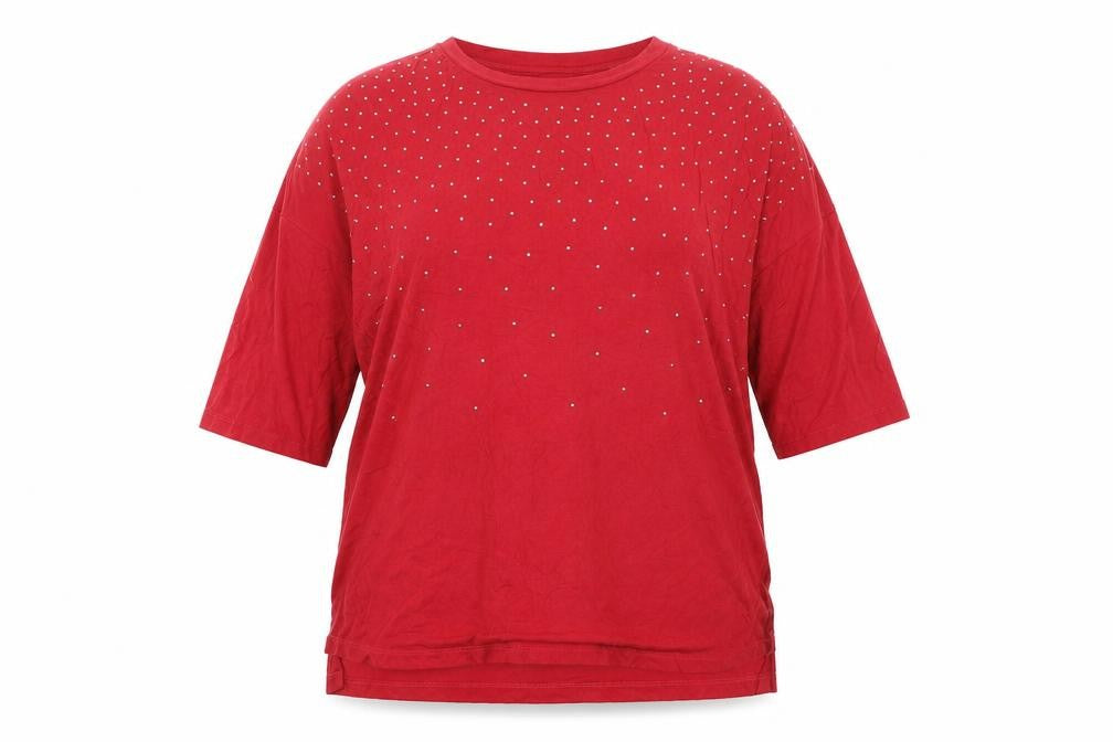 Front view of Capsule women’s red viscose basic t-shirt, size UK 16, round neck - gem embellishments