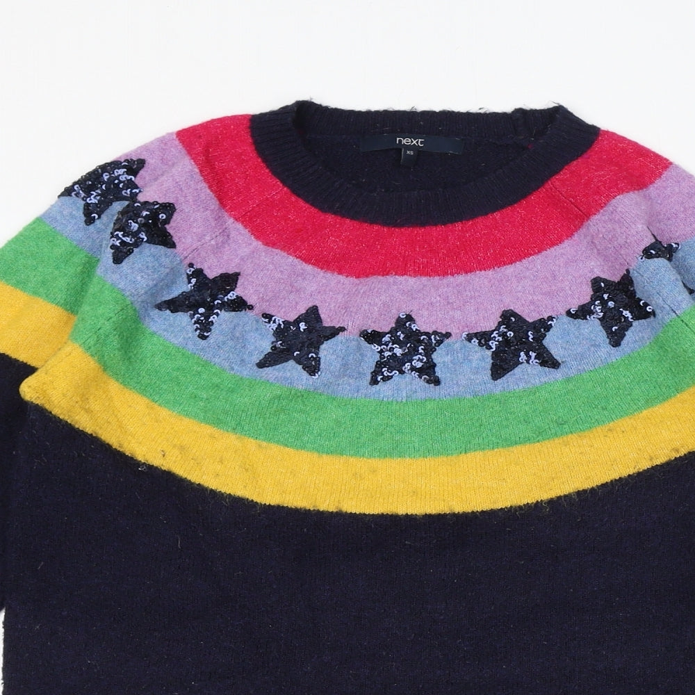 NEXT Womens Blue Round Neck Geometric Polyester Pullover Jumper Size XS - Rainbow, Stars, Sequins