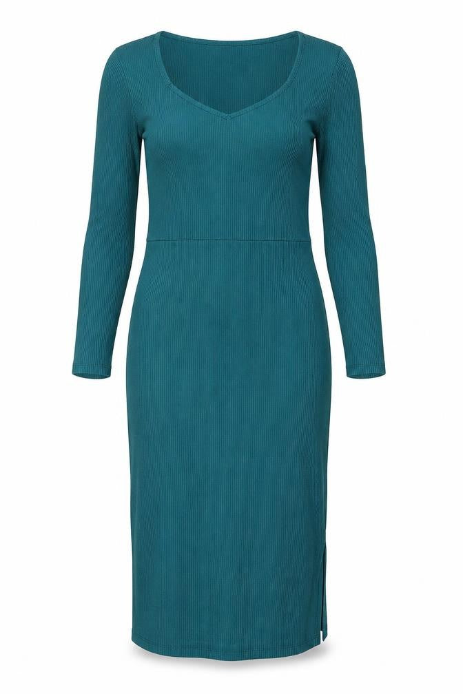Front view of Et Vous women’s blue viscose jumper dress, size UK 12, square neck pullover