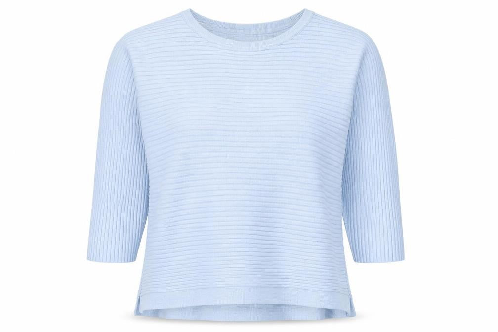 Front view of Phase Eight women’s blue round neck viscose jumper, size S