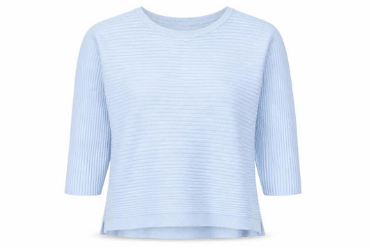 Front view of Phase Eight women’s blue round neck viscose jumper, size S