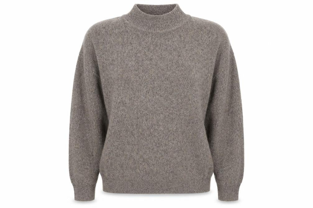 Front view of Selection women’s brown mock neck acrylic jumper, size M