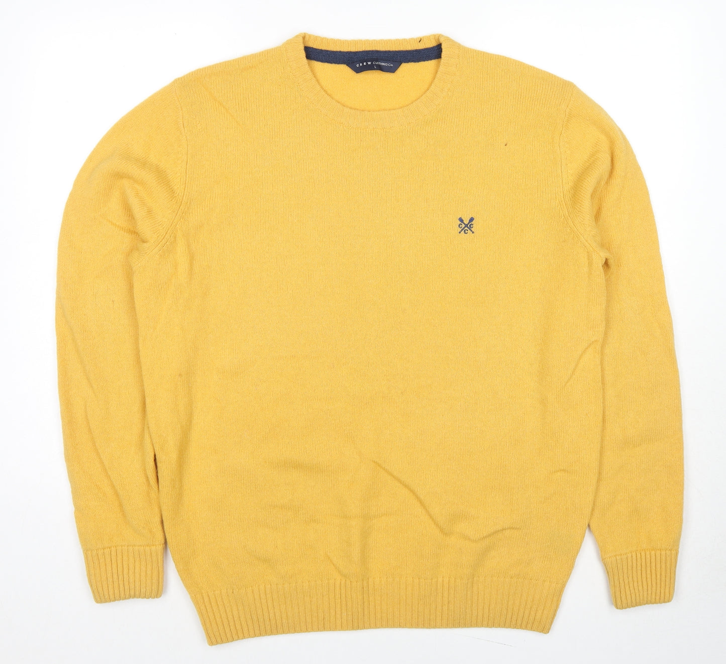 Crew Clothing Mens Yellow Round Neck Wool Pullover Jumper Size L Long Sleeve