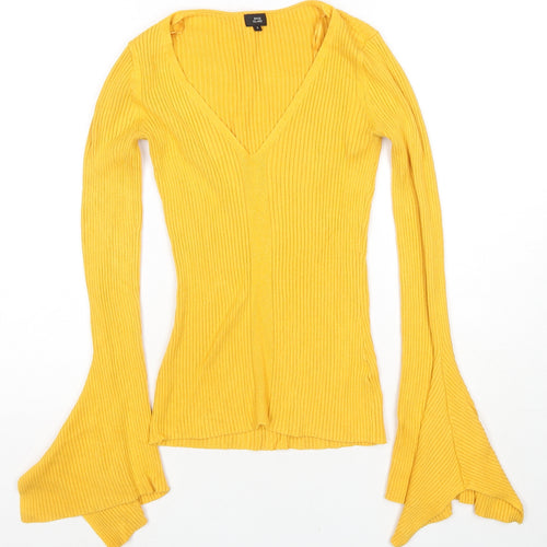 River Island Womens Yellow V-Neck Viscose Pullover Jumper Size 6
