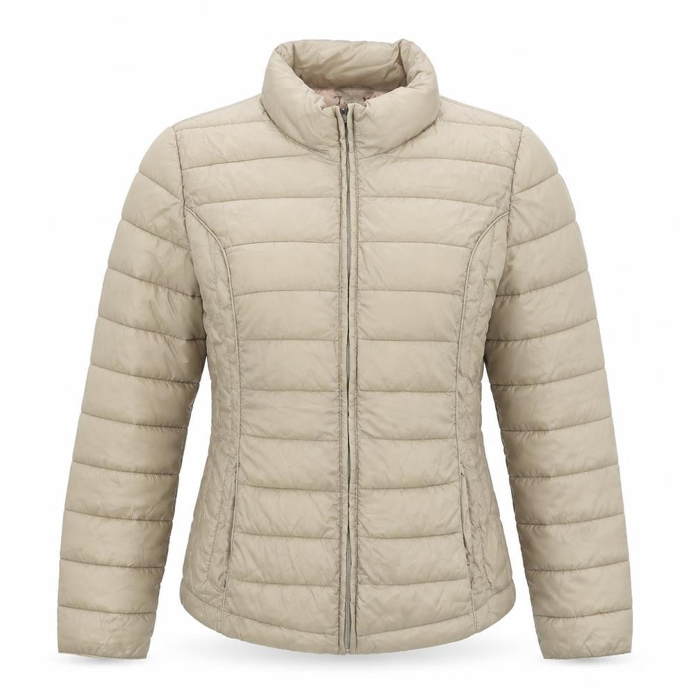 Front view of Lottie Loves women’s beige jacket, size S, zip