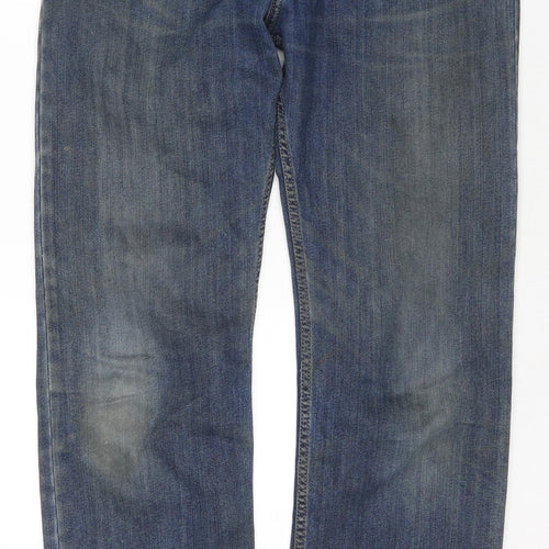 Marks and Spencer Mens Blue Cotton Straight Jeans Size 32 in L33 in Regular Zip