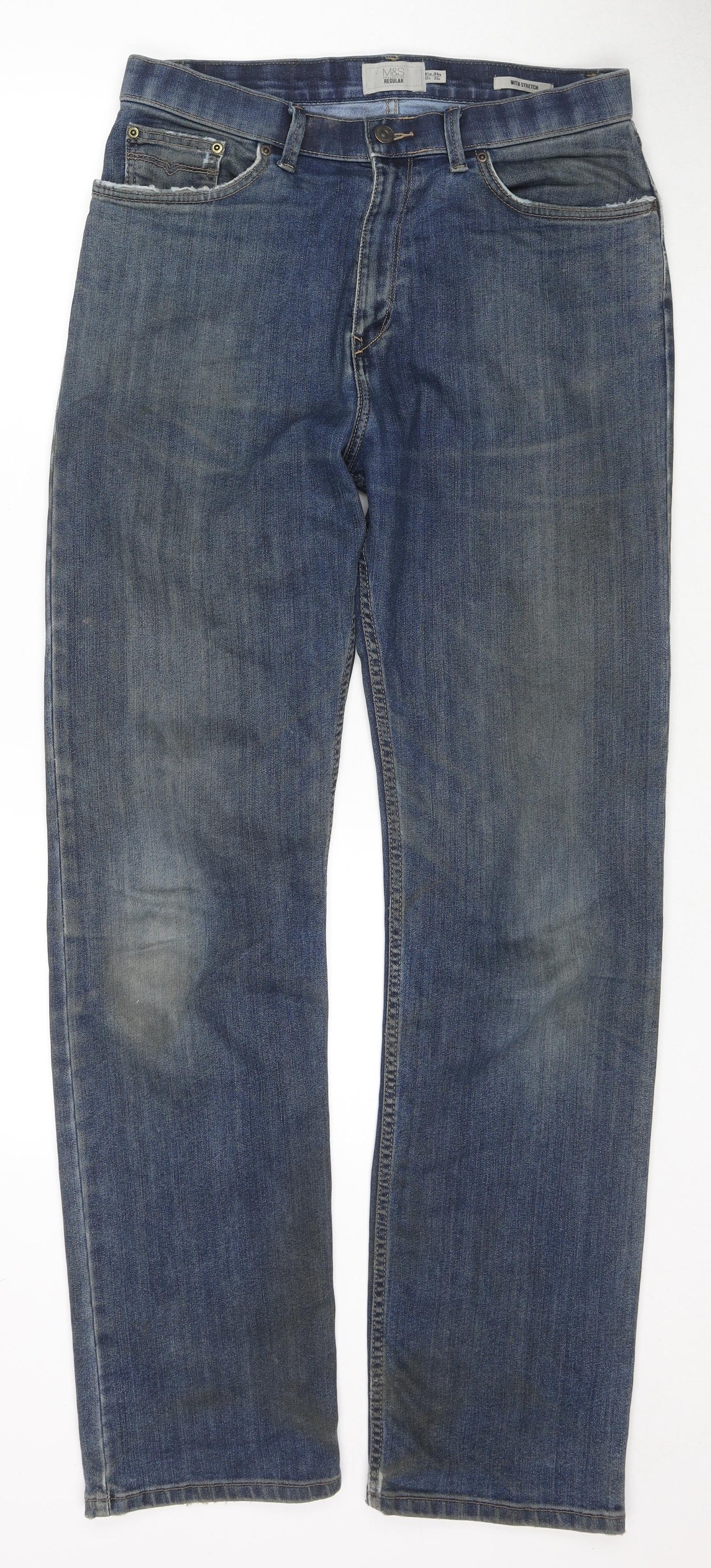 Marks and Spencer Mens Blue Cotton Straight Jeans Size 32 in L33 in Regular Zip
