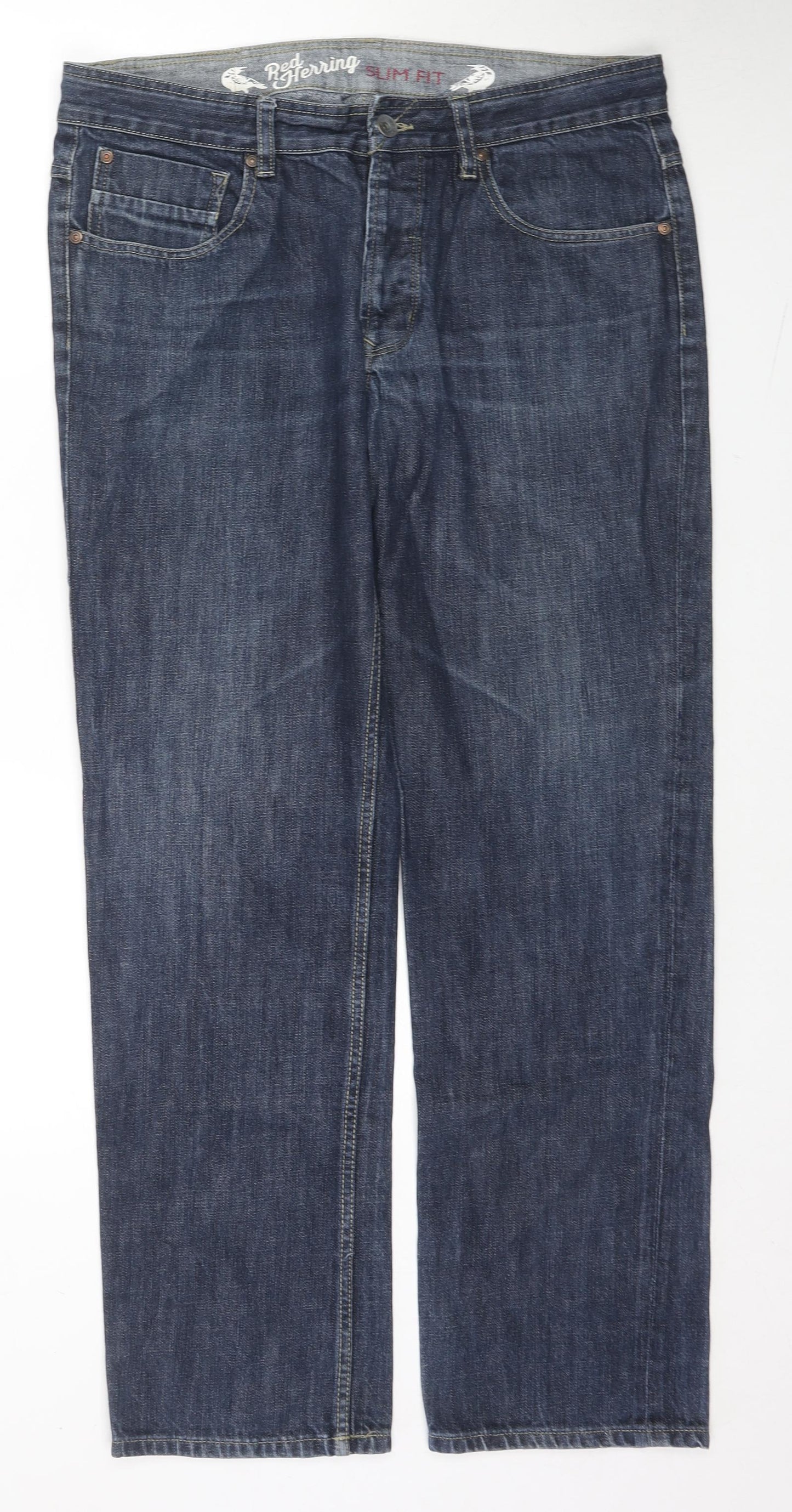 Red Herring Mens Blue Cotton Straight Jeans Size 36 in L31 in Regular Zip