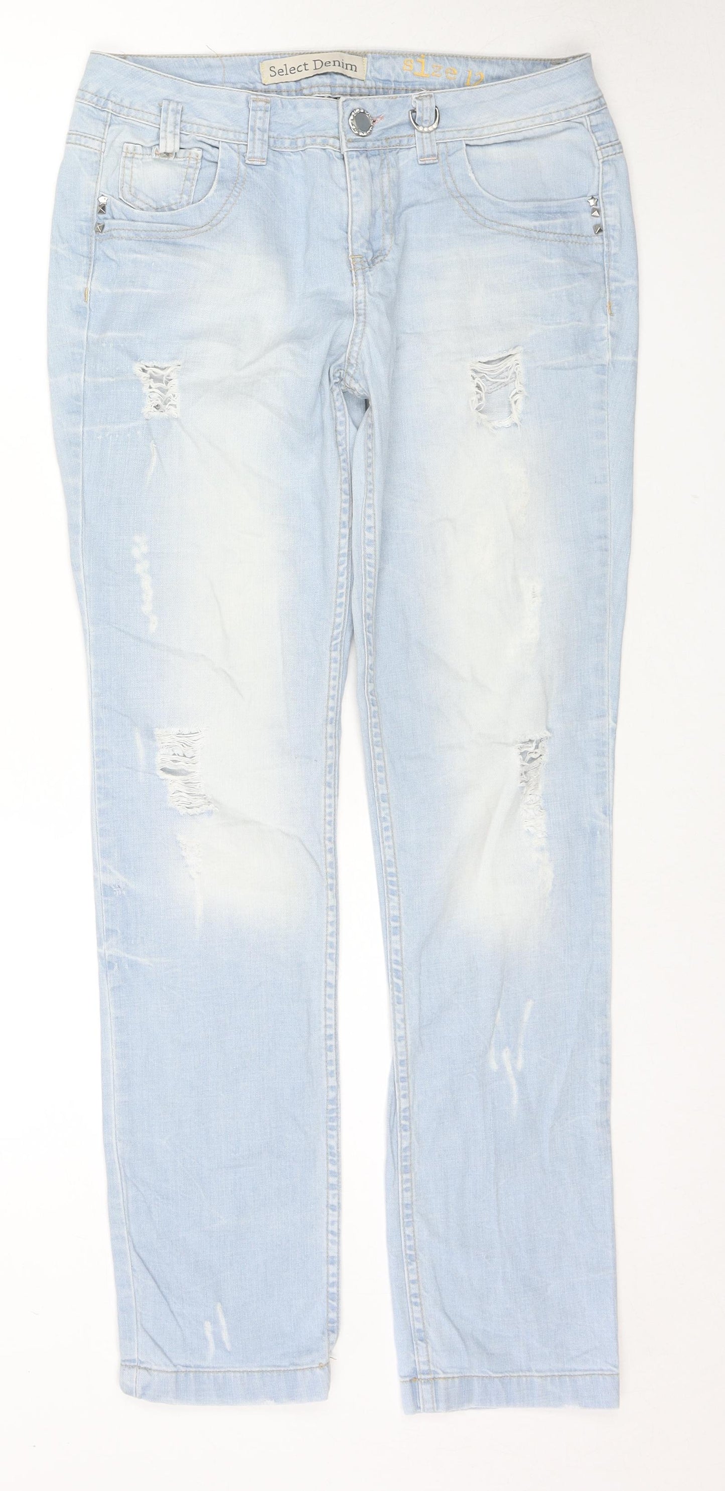Select Womens Blue Cotton Straight Jeans Size 12 L30 in Regular Zip