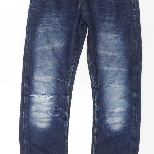 Premium Denim Boys Blue Cotton Straight Jeans Size 11 Years L27 in Regular Zip - Distressed