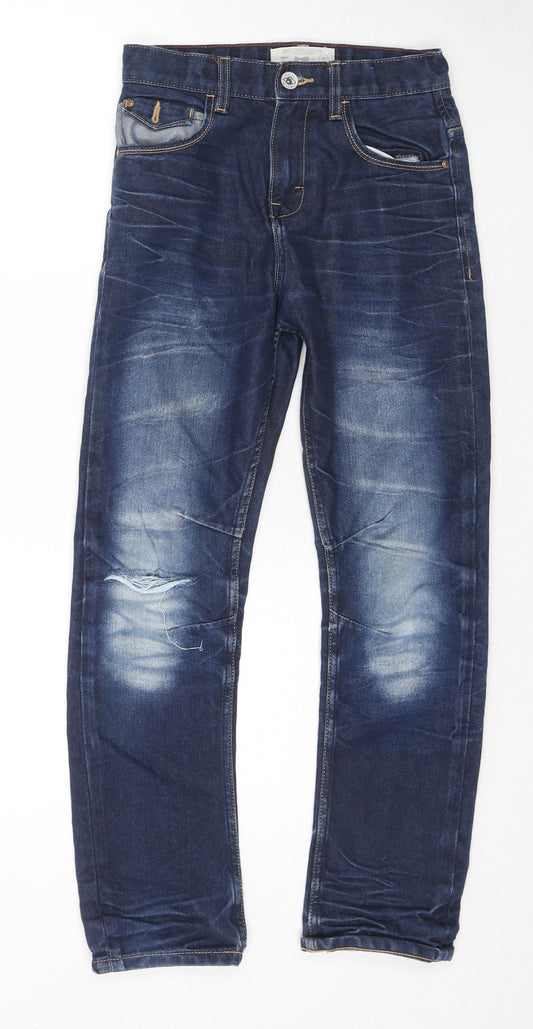 Premium Denim Boys Blue Cotton Straight Jeans Size 11 Years L27 in Regular Zip - Distressed