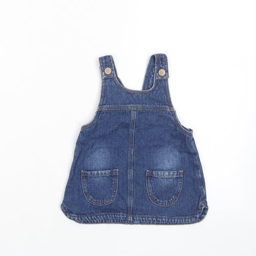 NEXT Girls Blue Cotton Pinafore/Dungaree Dress Size 3-6 Months Scoop Neck Button - Pockets