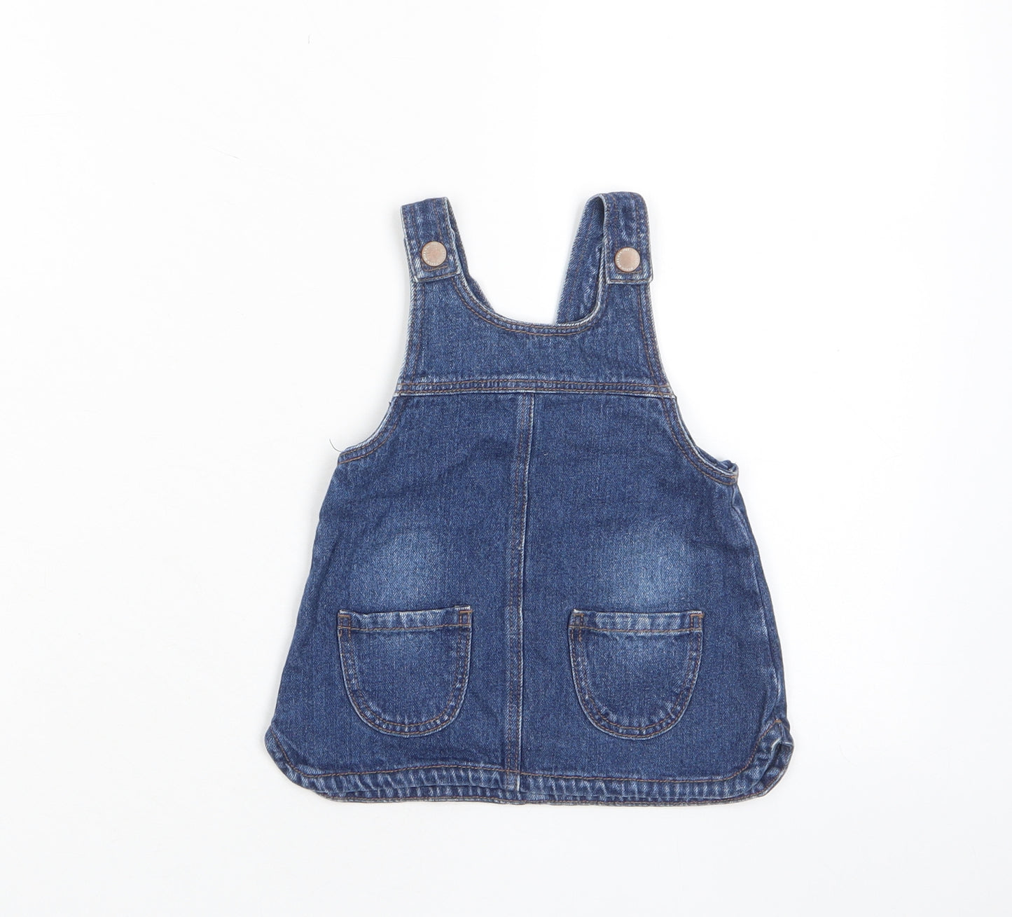 NEXT Girls Blue Cotton Pinafore/Dungaree Dress Size 3-6 Months Scoop Neck Button - Pockets