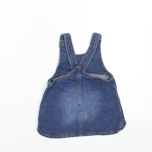 NEXT Girls Blue Cotton Pinafore/Dungaree Dress Size 3-6 Months Scoop Neck Button - Pockets