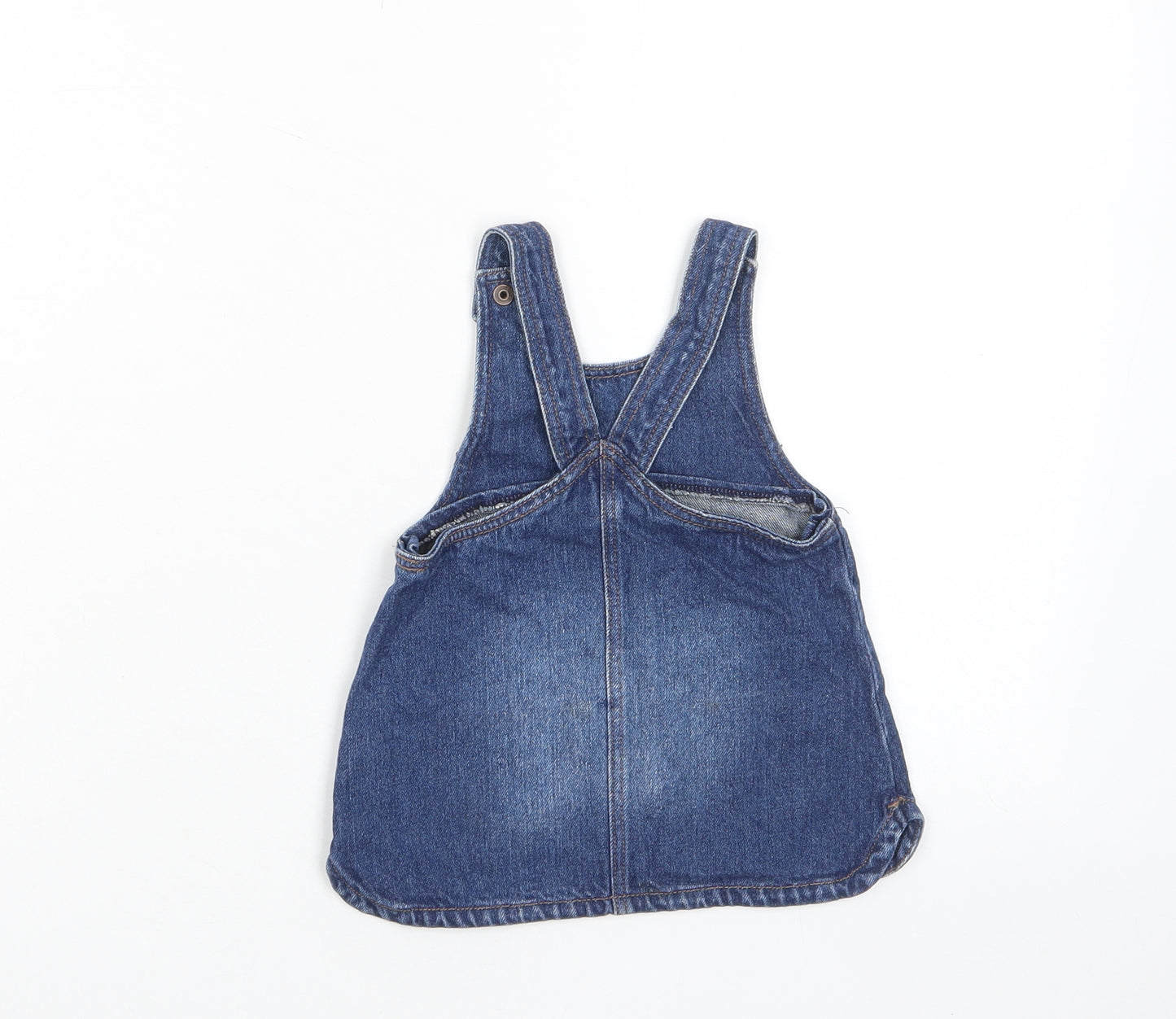 NEXT Girls Blue Cotton Pinafore/Dungaree Dress Size 3-6 Months Scoop Neck Button - Pockets