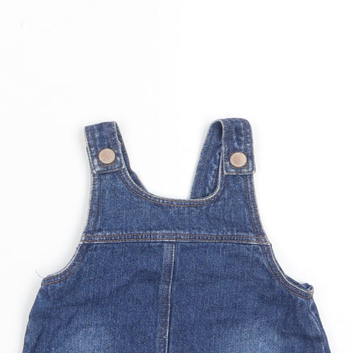 NEXT Girls Blue Cotton Pinafore/Dungaree Dress Size 3-6 Months Scoop Neck Button - Pockets