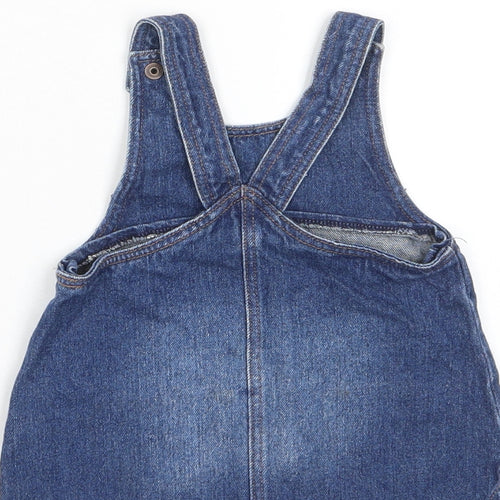 NEXT Girls Blue Cotton Pinafore/Dungaree Dress Size 3-6 Months Scoop Neck Button - Pockets