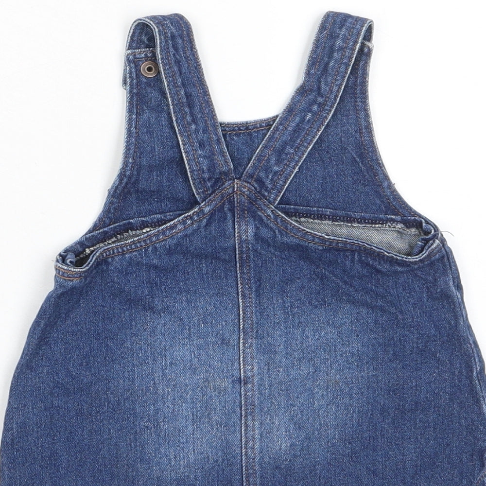 NEXT Girls Blue Cotton Pinafore/Dungaree Dress Size 3-6 Months Scoop Neck Button - Pockets