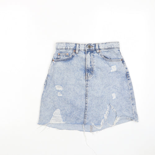 H&M Womens Blue Cotton A-Line Skirt Size 6 Zip - Distressed, Pockets