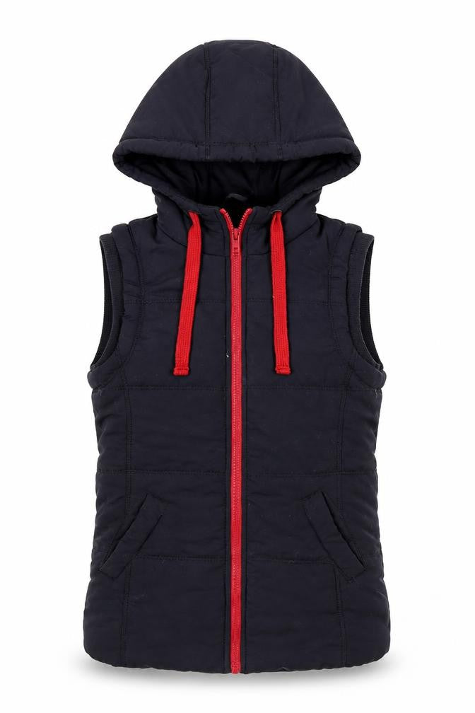 Front view of New Look women’s blue gilet coat, size UK 8, zip