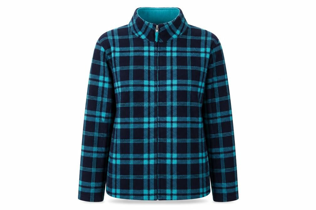 Front view of EWM women’s blue plaid jacket, size M, zip