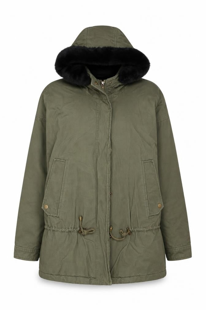 Front view of Selected women’s green rain coat coat, size UK 6, zip