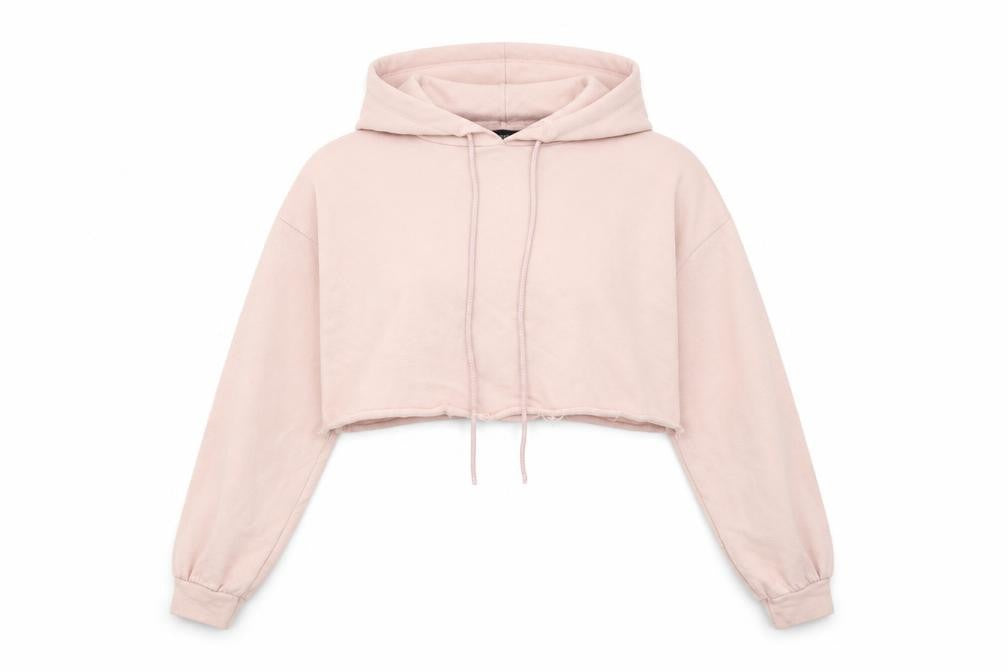 Front view of PRETTYLITTLETHING women’s pink cotton pullover hoodie, size UK 4, pullover - cropped