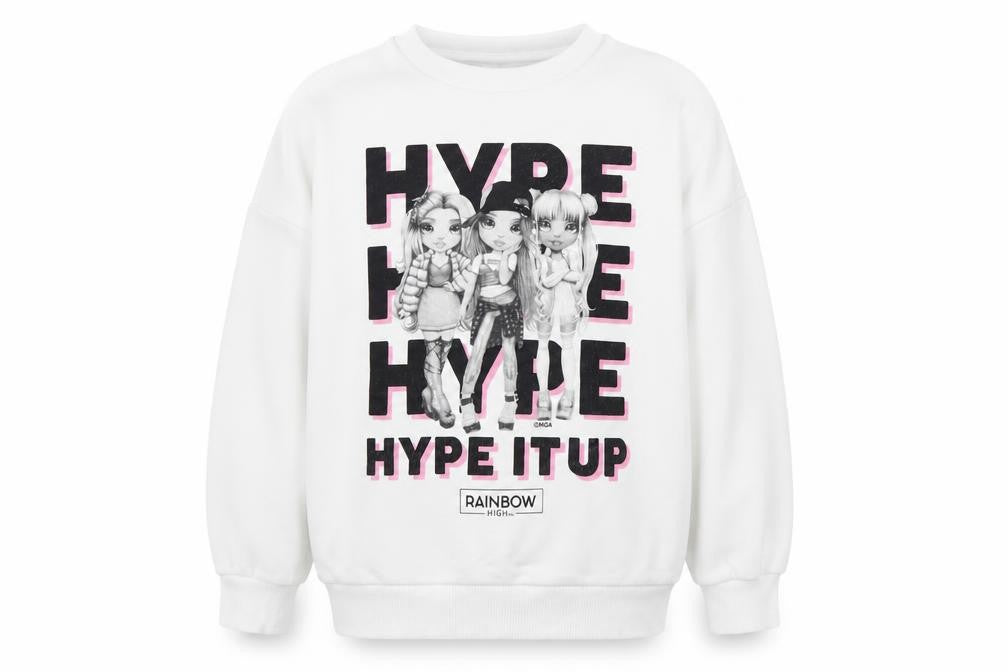 Front view of Rainbow High girls’ white cotton pullover sweatshirt, size 8-9, years pullover - hype
