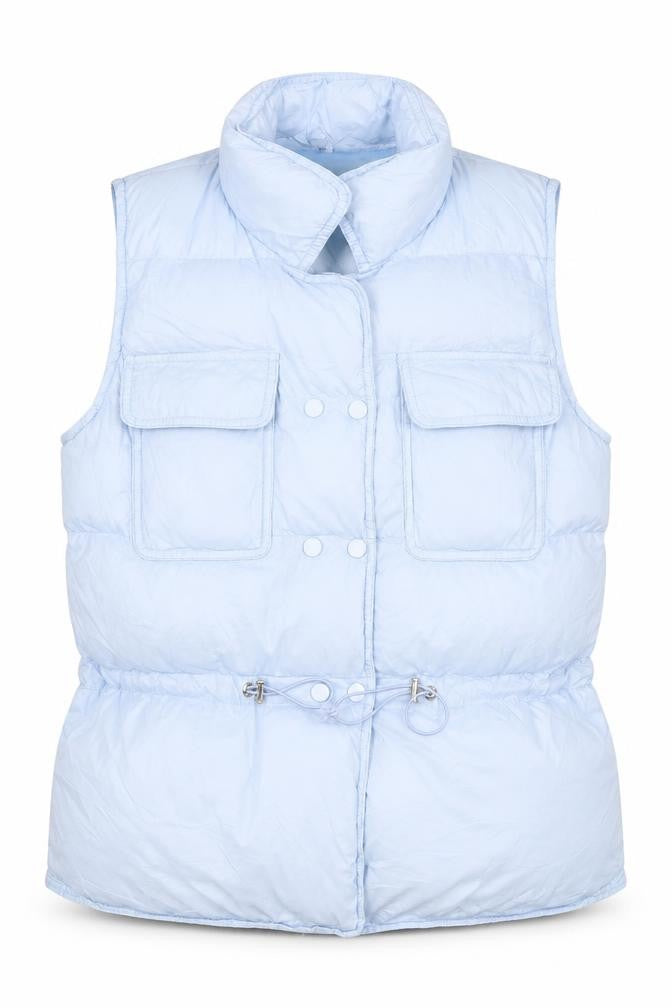 Front view of Flammode women’s blue gilet coat, size S, snap