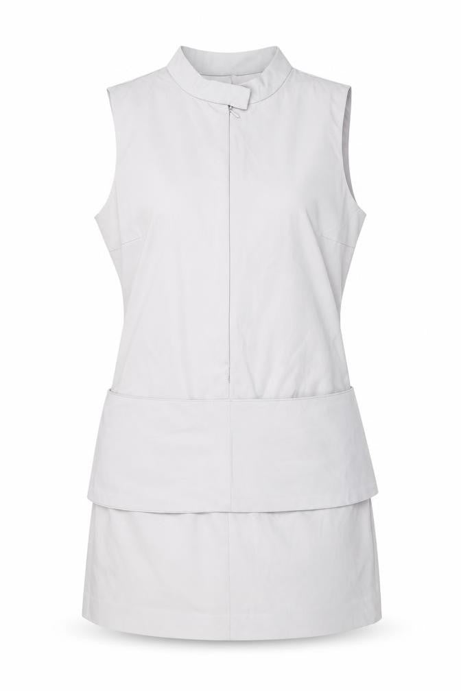 Front view of Zara women’s grey polyester mini, size L, mock neck zip