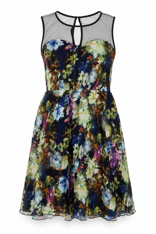 Front view of Little Mistress women’s multicoloured floral polyester a-line, size UK 12, round neck button