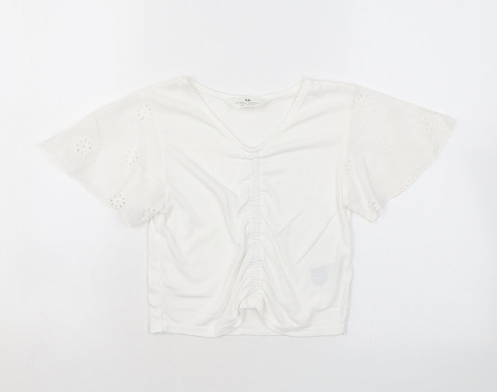 H&M Girls White Floral Vinyl Basic T-Shirt Size 10-11 Years V-Neck Pullover
