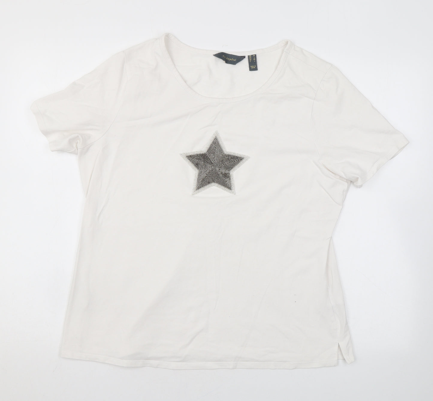 Ruth Langsford Womens White Cotton Basic T-Shirt Size L Scoop Neck - Beading