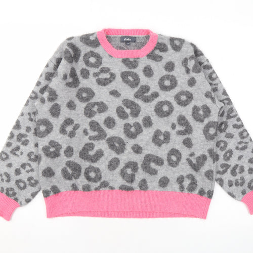 Studio Womens Grey Round Neck Animal Print Acrylic Pullover Jumper Size 12 - Leopard Print