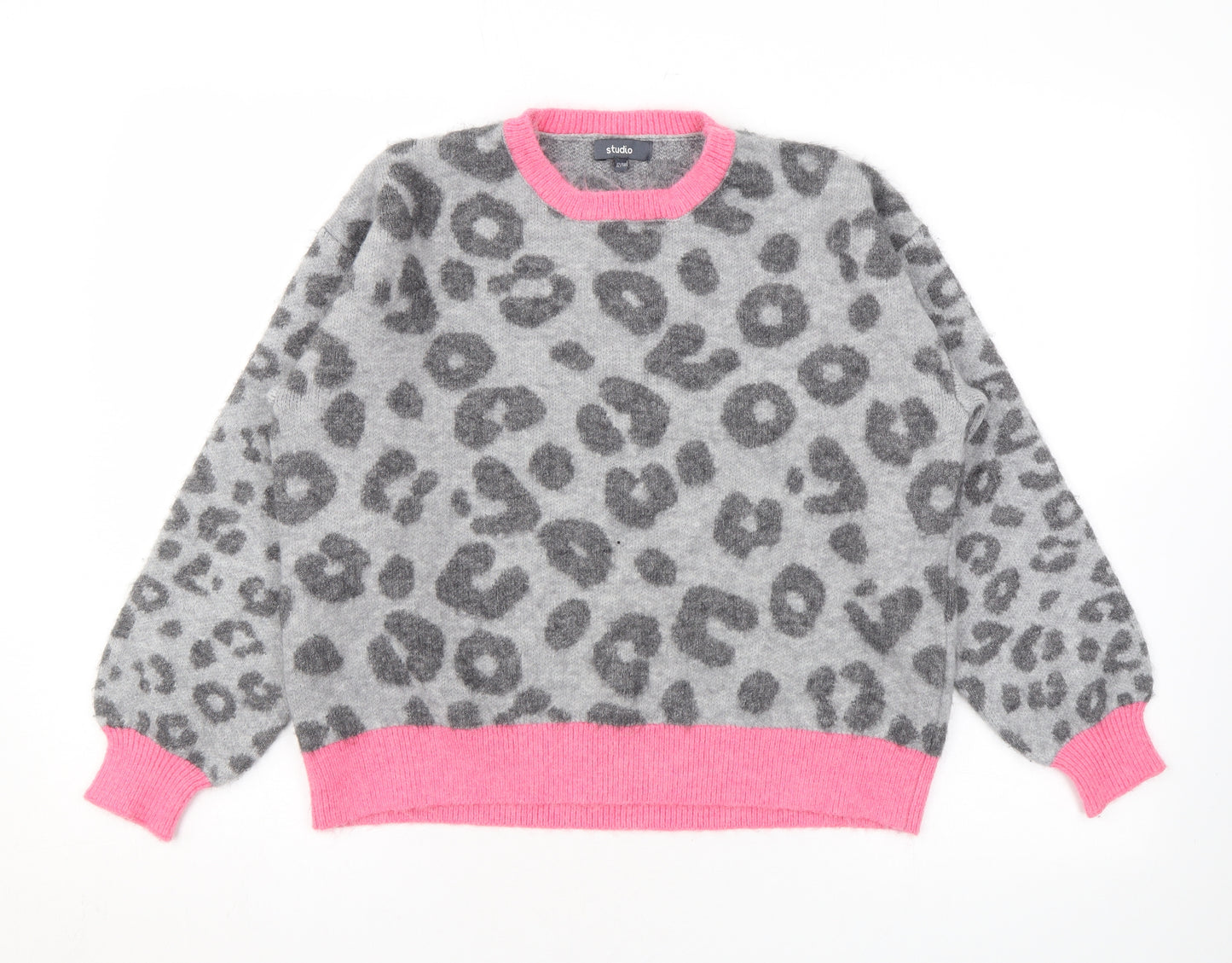 Studio Womens Grey Round Neck Animal Print Acrylic Pullover Jumper Size 12 - Leopard Print