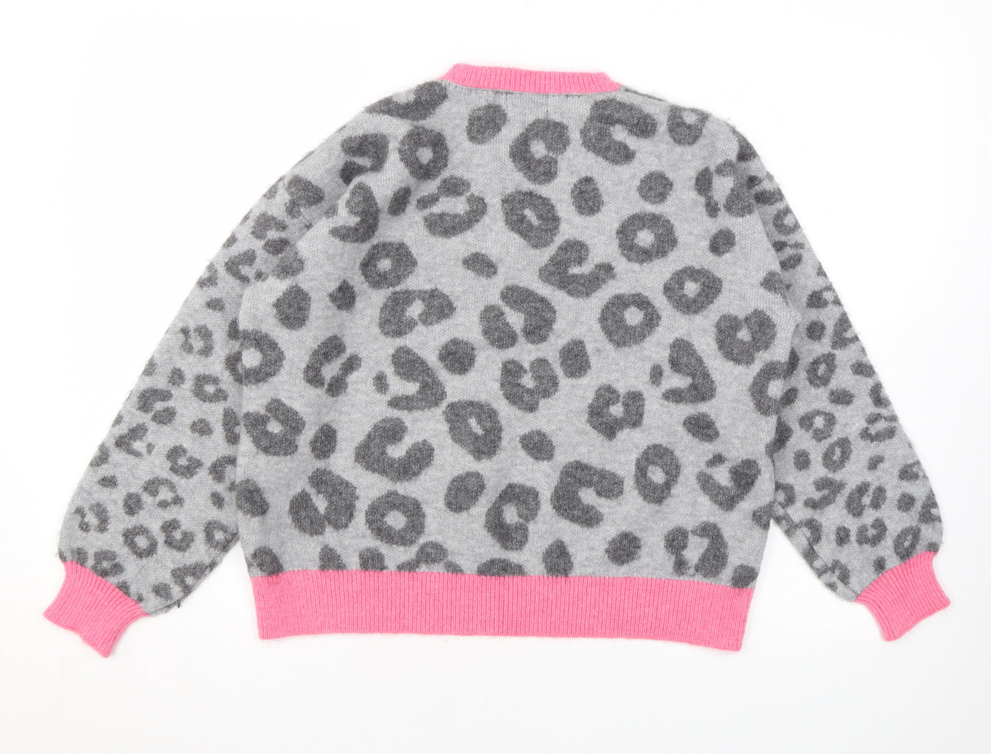 Studio Womens Grey Round Neck Animal Print Acrylic Pullover Jumper Size 12 - Leopard Print