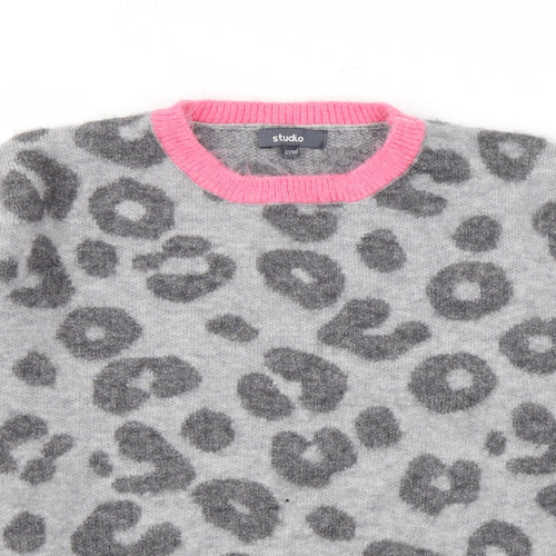 Studio Womens Grey Round Neck Animal Print Acrylic Pullover Jumper Size 12 - Leopard Print