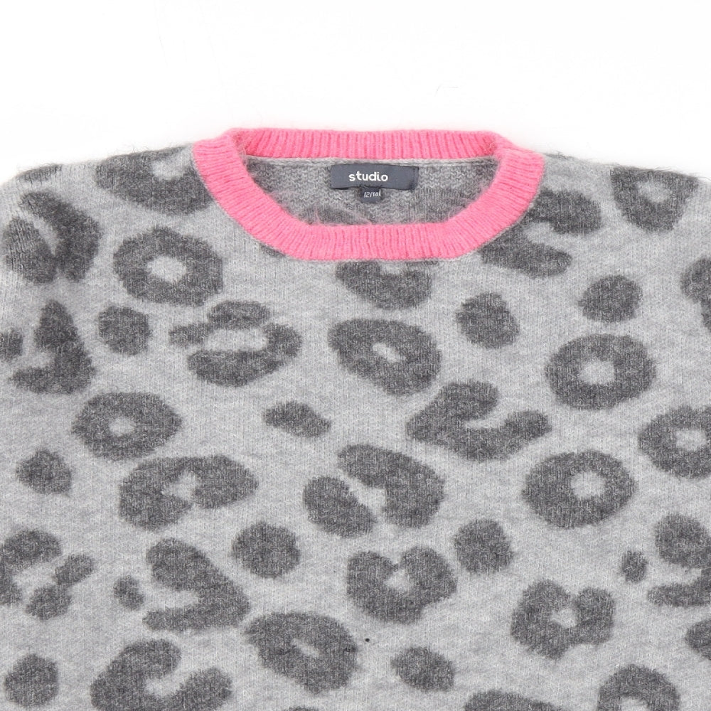 Studio Womens Grey Round Neck Animal Print Acrylic Pullover Jumper Size 12 - Leopard Print