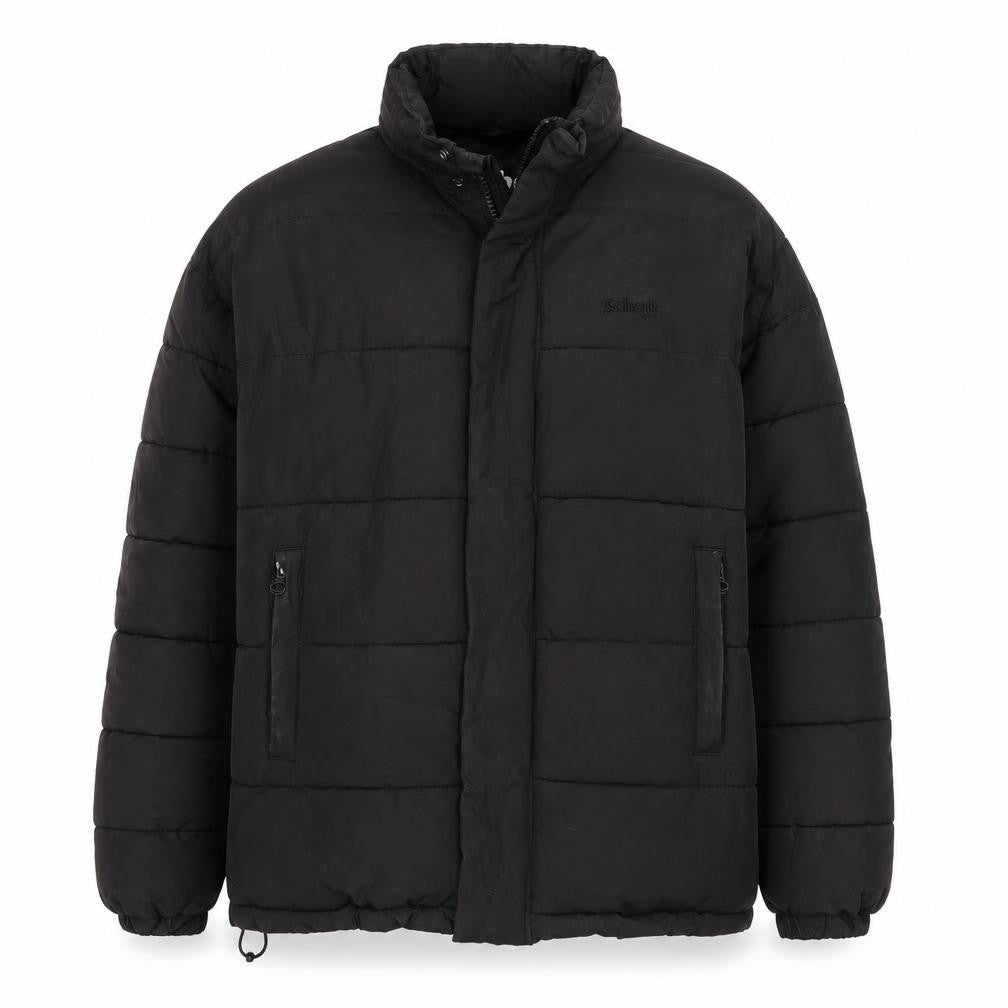 Front view of SCHOTT men’s black puffer jacket coat, size S, zip