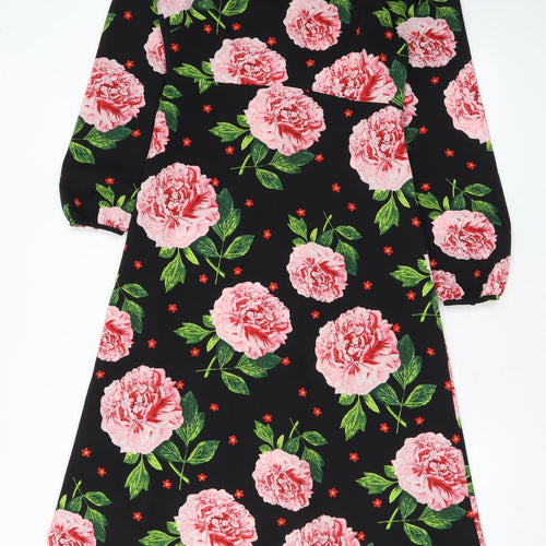 Dorothy Perkins Womens Black Floral Polyester A-Line Size 8 Scoop Neck Button