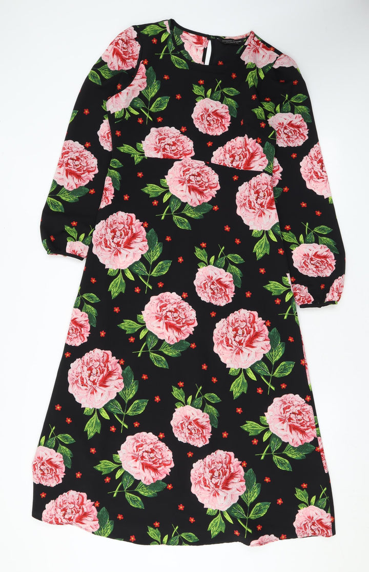 Dorothy Perkins Womens Black Floral Polyester A-Line Size 8 Scoop Neck Button