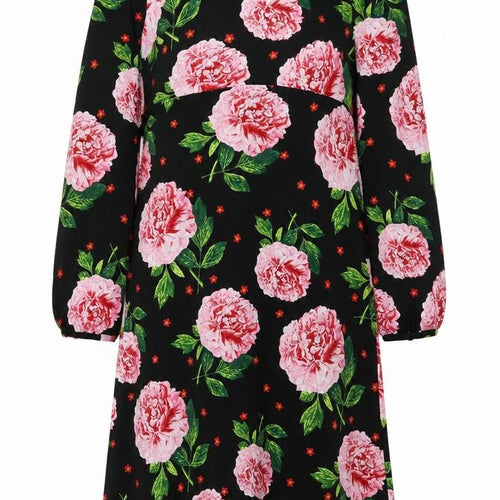 Dorothy Perkins Womens Black Floral Polyester A-Line Size 8 Scoop Neck Button