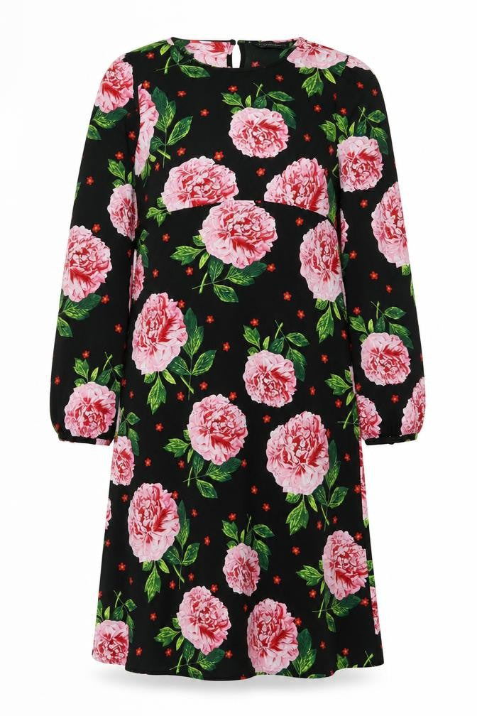 Dorothy Perkins Womens Black Floral Polyester A-Line Size 8 Scoop Neck Button