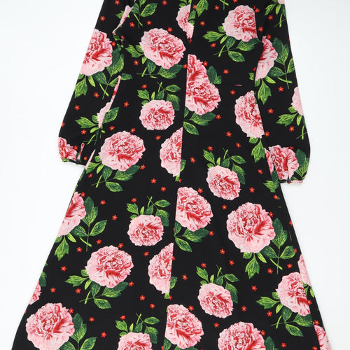 Dorothy Perkins Womens Black Floral Polyester A-Line Size 8 Scoop Neck Button