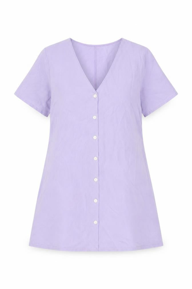 Front view of Boohoo women’s purple polyester shift, size UK 10, v-neck button