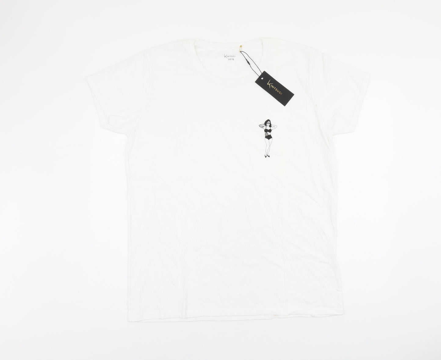 Kintsugi Womens White Polyester Basic T-Shirt Size 14 Round Neck